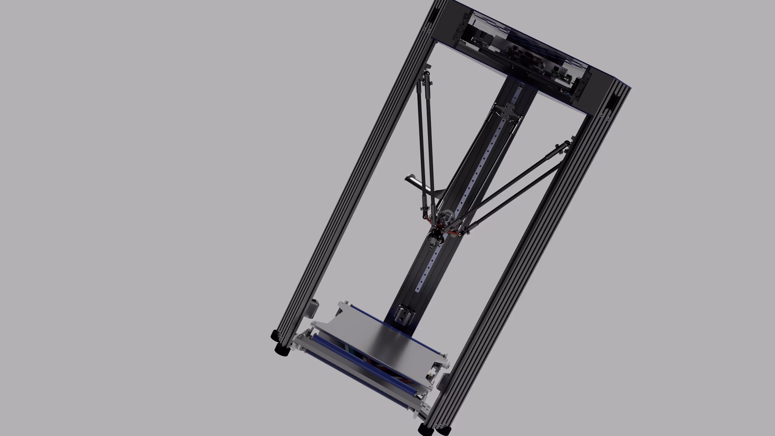 CAD render of the Andromeda delta 3D printer, showing the square frame and the moving bed