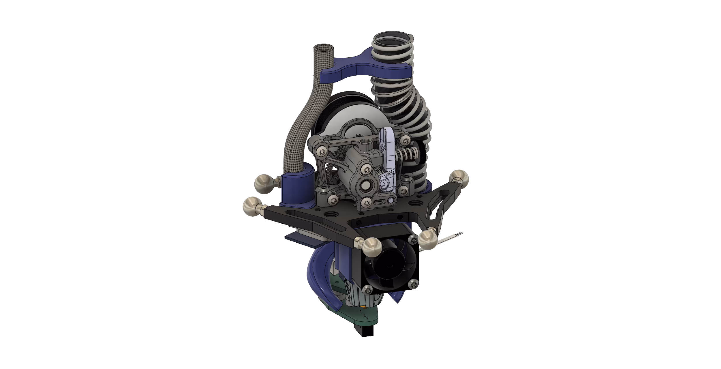 CAD render of the Andromeda effector assembly with hotend, ball joints and part cooling
