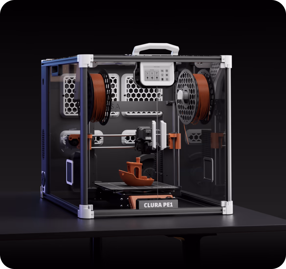 The Clura PE1 enclosure with a 3D printer inside and filament spools mounted on the back panel